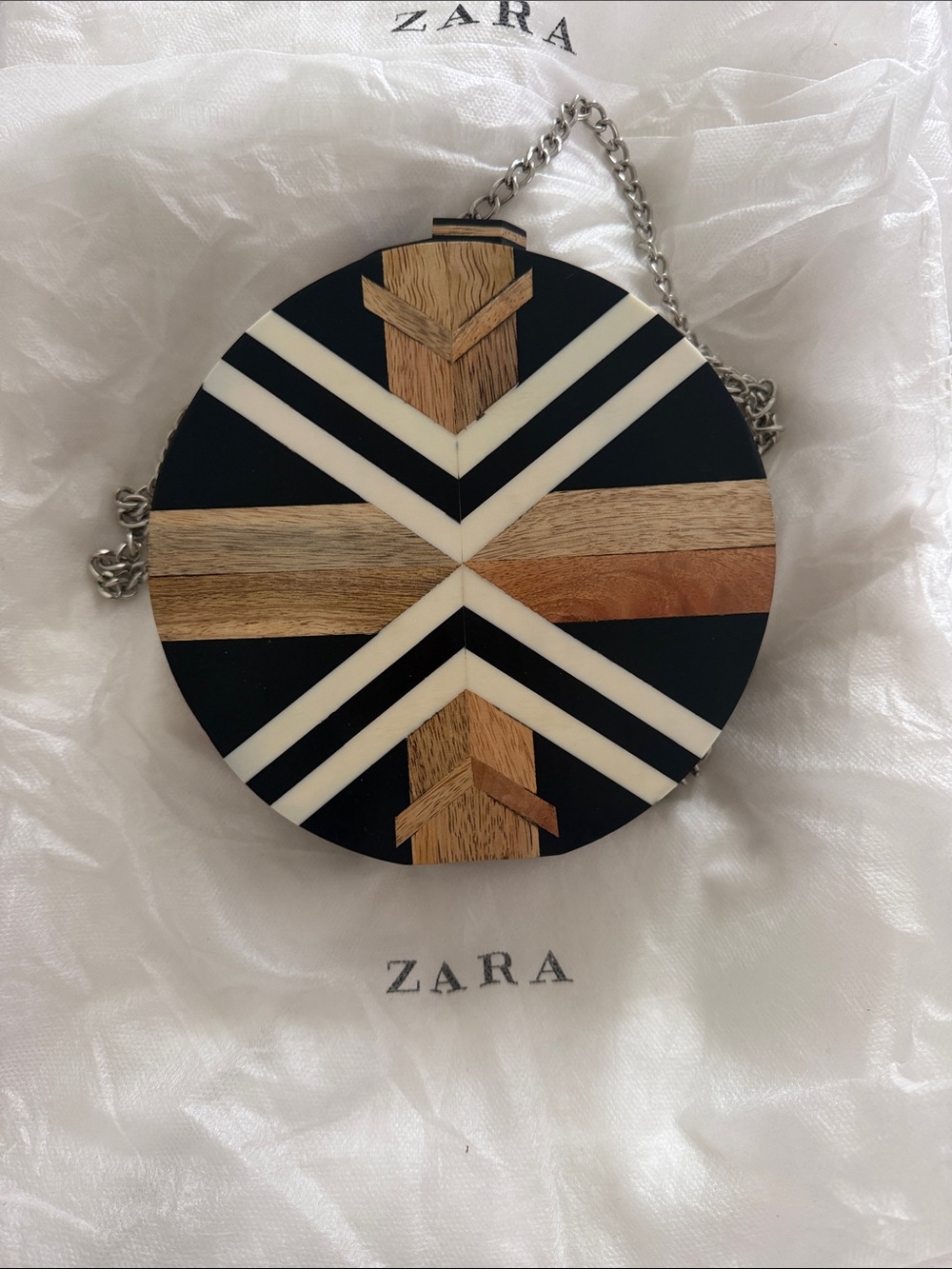 ZARA Black, White and Wood Round Geometric Crossbody Bag